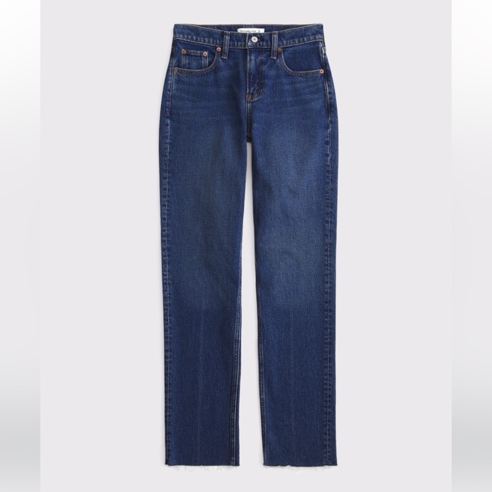 Abercrombie & Fitch Curve Love Mid Rise 90s Straight Jean, frayed hem, dark wash